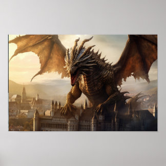 Epic Dragon sur la ville médiévale Poster
