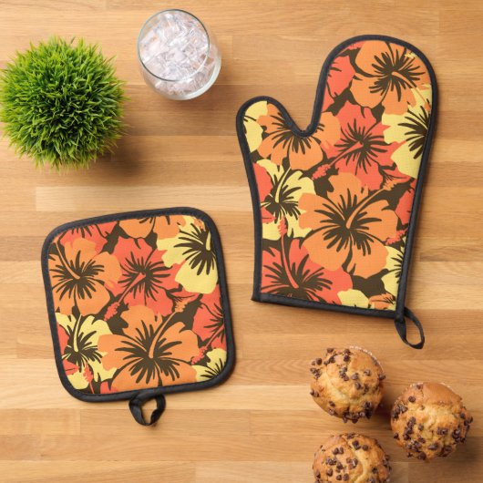 Epic Hibiscus Hawaiian Floral Aloha Sinaasappel Ovenwant & Pannenlap Set (Top down)