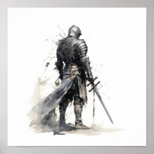 Epic Knight met Zwaard - Verbluffend Zwart en Wit Poster