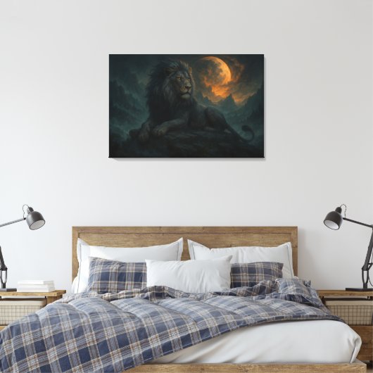 Epic Moonlit Lion – Celestial Mountain Guardian –  Canvas Afdruk (Insitu (Slaapkamer))