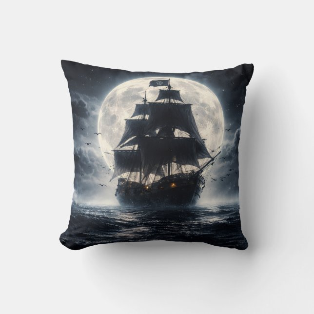 Epic Pirate Ship Moon Throw Pillow – Dark Ocean Pi Kussen (Voorkant)