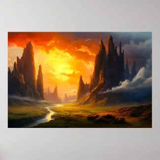 Epic Rock Mountains - Fantasy Art Poster