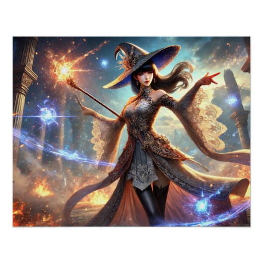 Epic Vrouw Wizard Battle Posters magische kracht Perfect Poster (Voorkant)