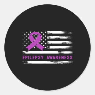 Epilepsiebewustzijn Amerikaanse Vlag Paarse Lint Ronde Sticker