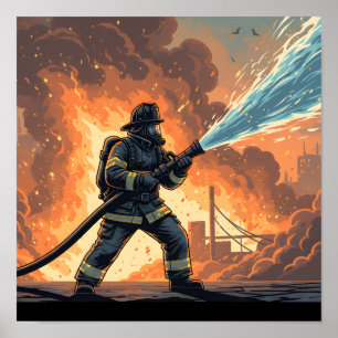 Epische brandweerman actiescene poster