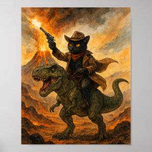 Epische Cowboy Kat die op een Dinosaurus Rijdt – K Poster