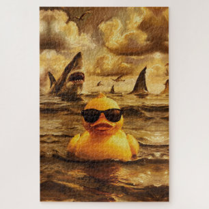 Epische haaienaanval met dappere rubber eend legpuzzel