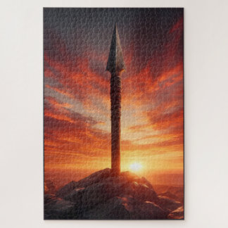 Epische speer in een mystiek landschap bij zonsond legpuzzel