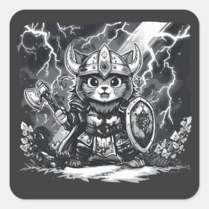 Epische Vikingkat Krijger met Bijl & Schild Vierkante Sticker