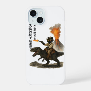 Epische Zwarte Kat Cowboy die op een Dinosaurus ri iPhone 15 Hoesje