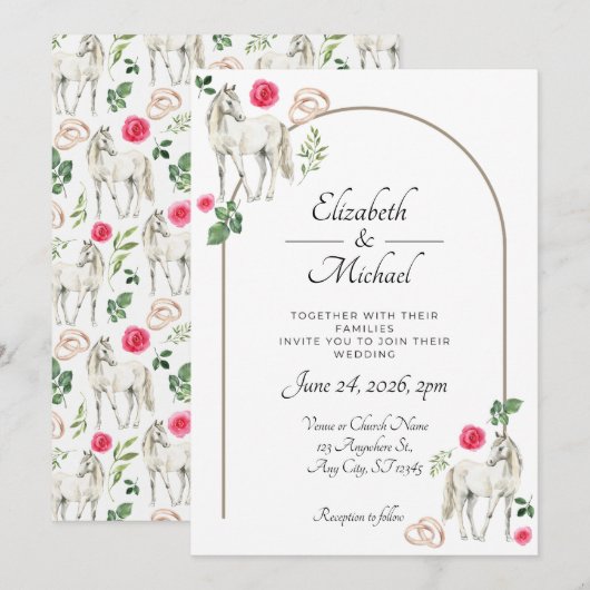 Equestrian Pink Floral Rustic Wedding Kaart (Voorkant / Achterkant)