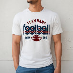 Équipe de football masculin de coutume rouge foncé<br><div class="desc">Custom Football Name and Player Number T-Shirt for Dad - montré dans White Fleck Design for football dads dispose de lettrage rétro et texte personnalisé qui peut être personnalisé avec un nom d'équipe et le numéro de maillot du joueur. Le rouge foncé et le bleu marine peuvent être customisés.</div>