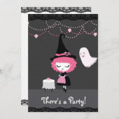 Er is een feest! Roze heks Uitnodiging (Voorkant / Achterkant)