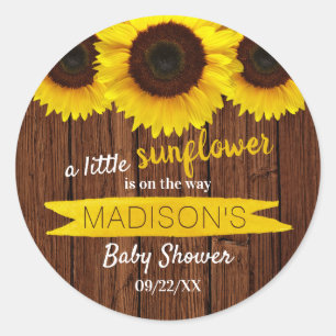 Er is een kleine zonnebloem onderweg. Baby shower Ronde Sticker