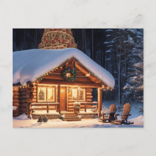 Er ligt sneeuw op onze houten cabine feestdagenkaart