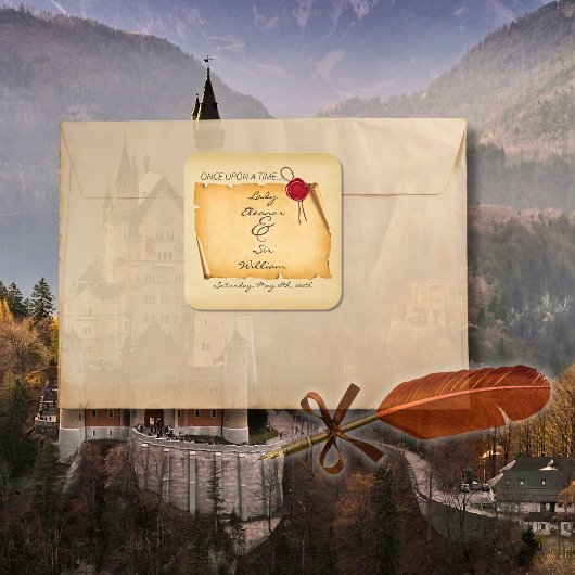 Er was eens een middeleeuws verouderde scroll wax  vierkante sticker