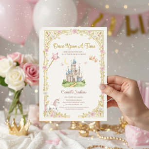 er was eens sprookjesframe goud baby shower kaart