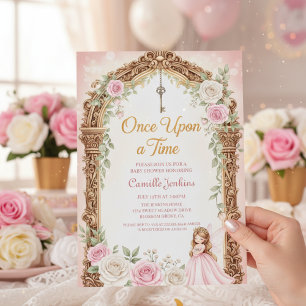 er was eens sprookjesframe goud baby shower kaart