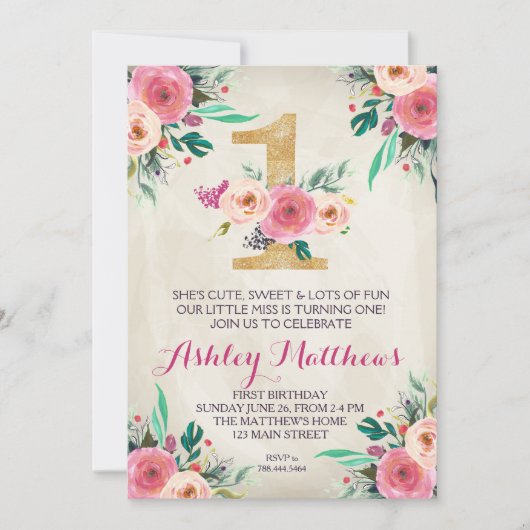 ?ère d'anniversaire belle invitation florale (Devant)