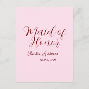 Ere-juffrouw mauve naam datum roze pastel bruiden briefkaart