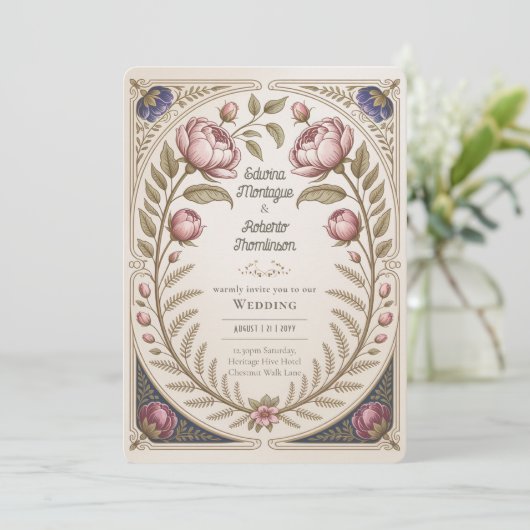 Erfenis Art Nouveau Botanische Trouw Pioenrozen Kaart (Staand voorkant)