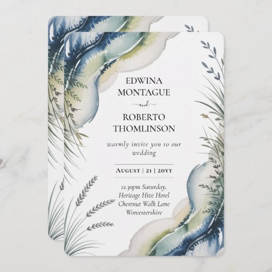 Erfenis Blauwgroene Aquarel Kust Bruiloft Kaart (Voorkant / Achterkant)