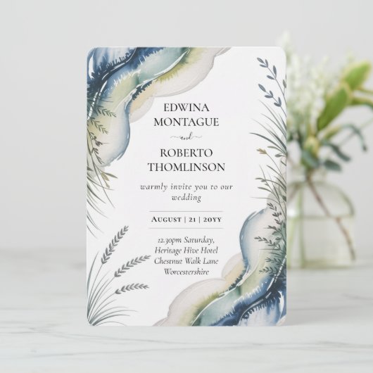 Erfenis Blauwgroene Aquarel Kust Bruiloft Kaart (Staand voorkant)