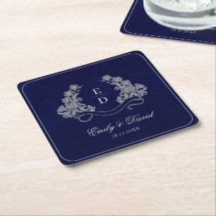 Erfenis Bloem Crest Navy Monogram Papieren Servet Vierkante Kartonnen Onderzetter