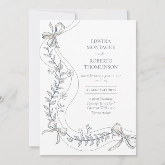 Erfenis Bloemenslint Handgetekend Elegant Bruiloft Kaart (Voorkant)