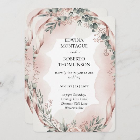Erfenis Blush Lint Waterverf Botanische Bruiloft Kaart (Voorkant / Achterkant)