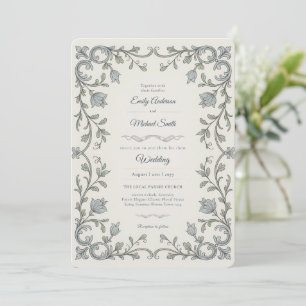 Erfenis Edwardiaanse Blauwe Flora Scroll Trouw Kaart