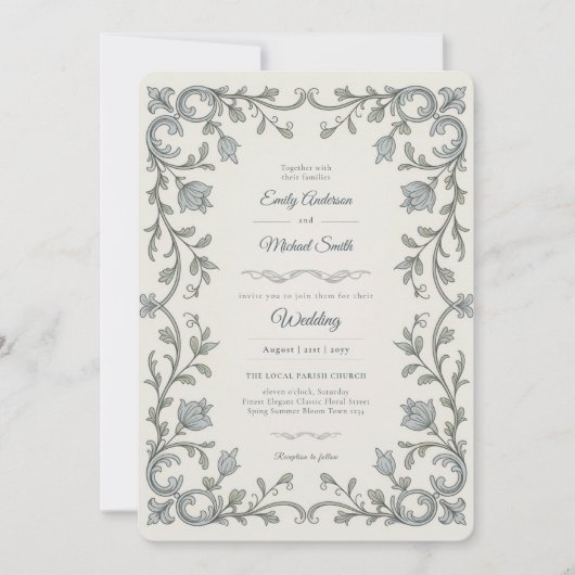 Erfenis | Edwardiaanse Blauwe Flora Scroll Trouw Kaart (Voorkant)