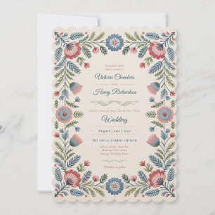Erfenis Folk Art Blush en Blauwe Bloemige Bruilo Kaart