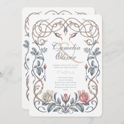 Erfenis Victoriaanse Blos, Blauwe Bloemige Bruilof Kaart (Voorkant / Achterkant)