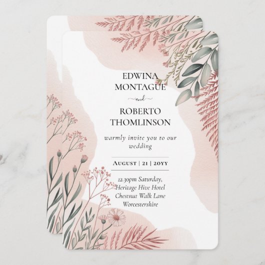 Erfenisroze en saliegroene botanische bruiloft kaart (Voorkant / Achterkant)