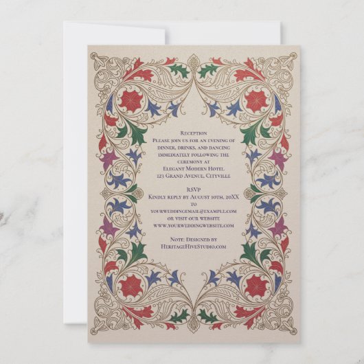 Erfgoed Middeleeuwse Bloem Bruiloft Paars Rood Gou Kaart (Achterkant)