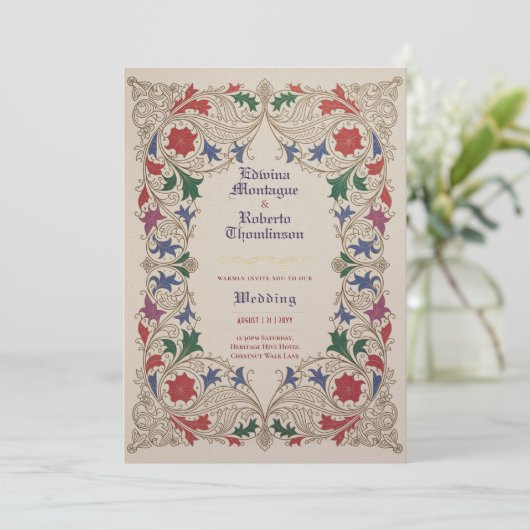 Erfgoed Middeleeuwse Bloem Bruiloft Paars Rood Gou Kaart (Staand voorkant)
