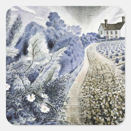 Eric Ravilious - Farmhouse en Field Vierkante Sticker (Voorkant)