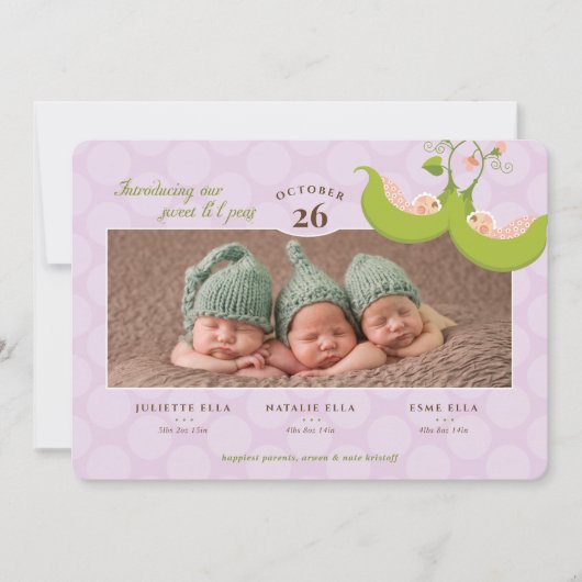 Erwten in een peul Alle Triplets Geboortedatum Kaart (Voorkant)
