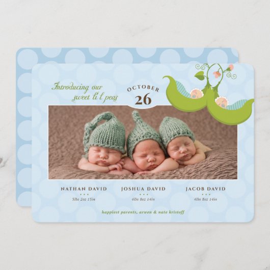 Erwten in een pod Alle jongens Triplets Geboorteda Kaart (Voorkant / Achterkant)