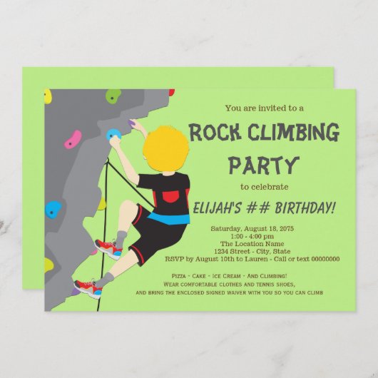 Escalade Rock Anniversaire Fête Boy Invitations (Devant / Derrière)