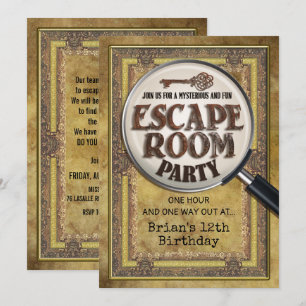 Escape Room Feest Voor- en Achterkant Uitnodiging