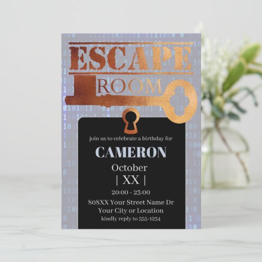 Escape Room Party Lock en Key Binary Code Kaart (Staand voorkant)