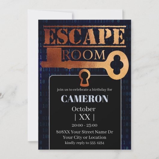 Escape Room Party Lock en Key Binary Code Zwart Kaart (Voorkant)