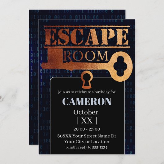 Escape Room Party Lock en Key Binary Code Zwart Kaart (Voorkant / Achterkant)