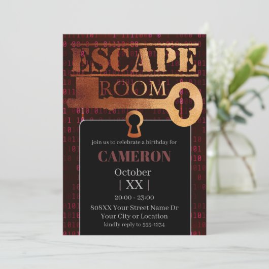 Escape Room Party Lock en Key Red Binary Code Kaart (Staand voorkant)