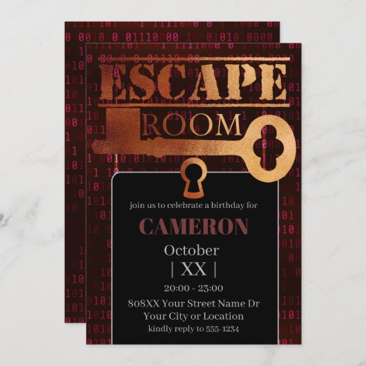 Escape Room Party Lock en Key Red Binary Code Kaart (Voorkant / Achterkant)