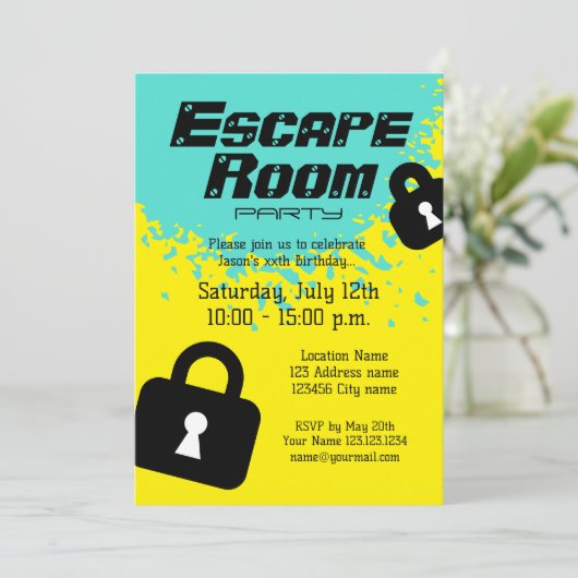 Escape Room verjaardagsfeest uitnodiging template (Staand voorkant)