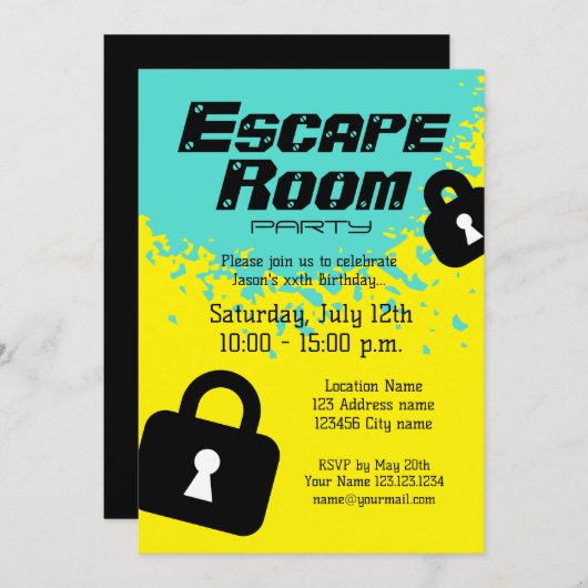 Escape Room verjaardagsfeest uitnodiging template (Voorkant / Achterkant)