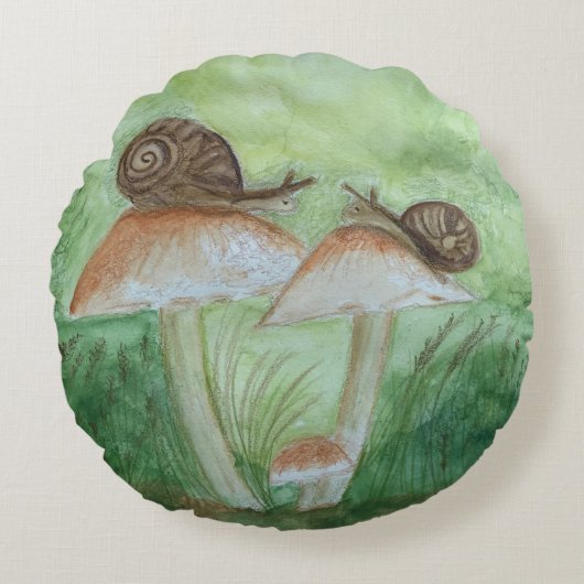 Escargots sur Champignons, Coussin Rond à Fond de (Devant)